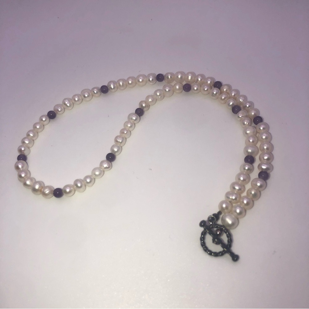 freshwater Pearl & Amethyst Bead Necklace Silver Tone Toggle Clasp Approx 17” - Picture 4 of 6